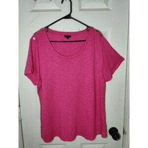 Talbots Pink Short Sleeve T-Shirt Gold Buttons On Shoulders Scoop Neck XL